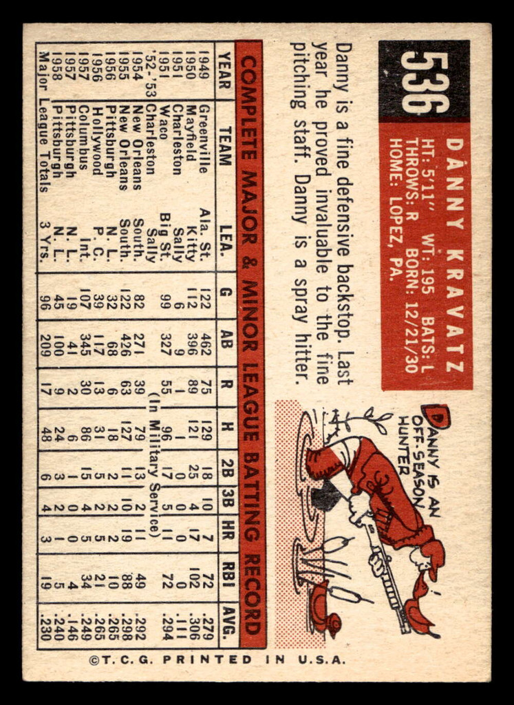1959 Topps #536 Danny Kravitz Excellent+  ID: 512218