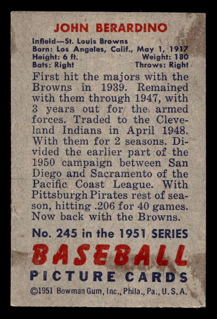 1951 Bowman #245 Johnny Berardino Excellent+ RC Rookie  ID: 512228