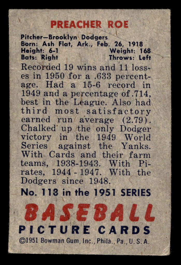 1951 Bowman #118 Preacher Roe Very Good 