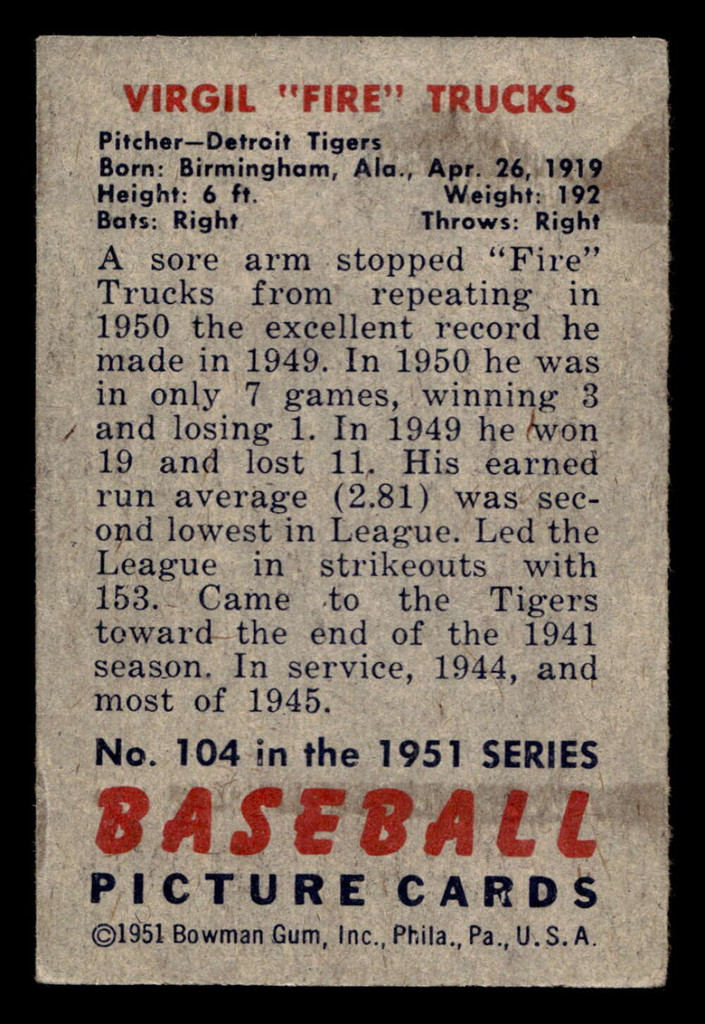 1951 Bowman #104 Virgil Trucks G-VG 