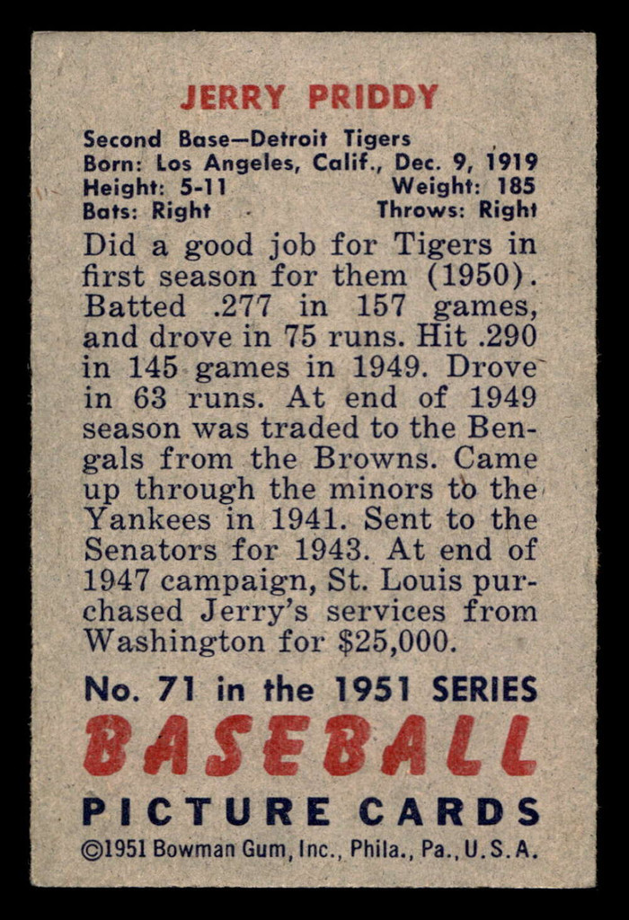 1951 Bowman #71 Jerry Priddy Excellent+  ID: 512237