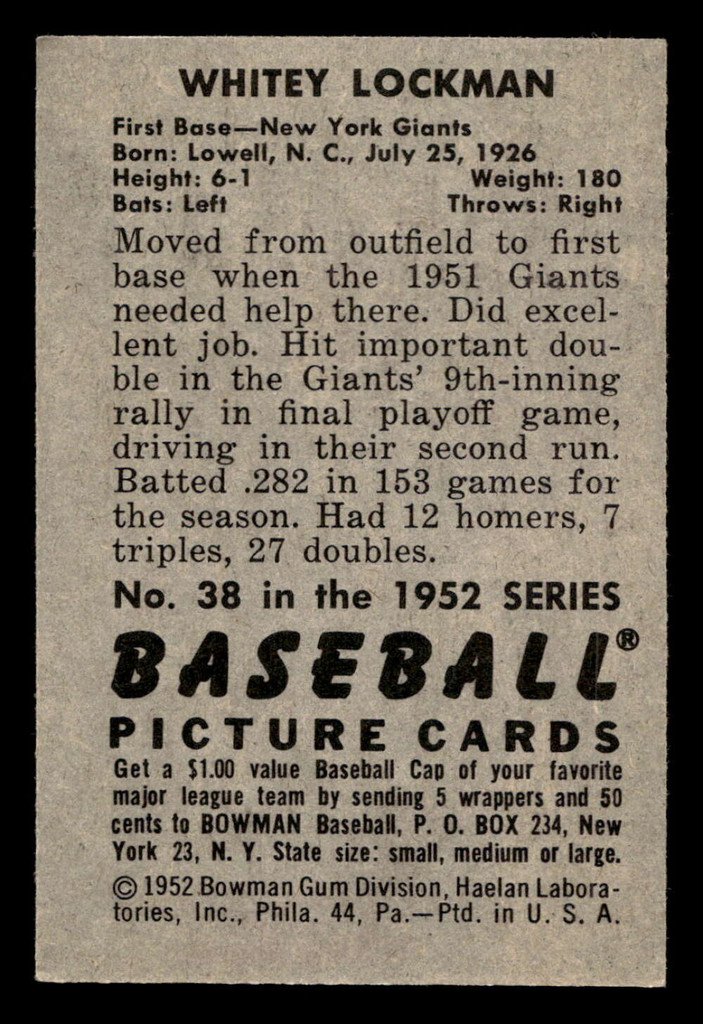 1952 Bowman #38 Whitey Lockman Ex-Mint 