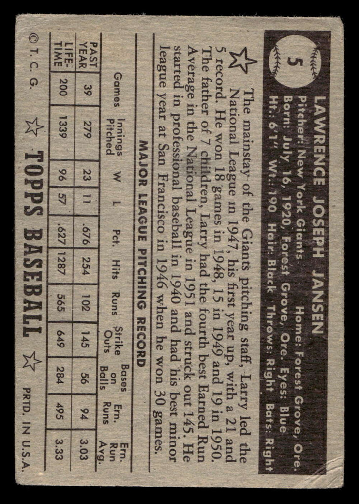 1952 Topps #5 Larry Jansen Good Black Back 