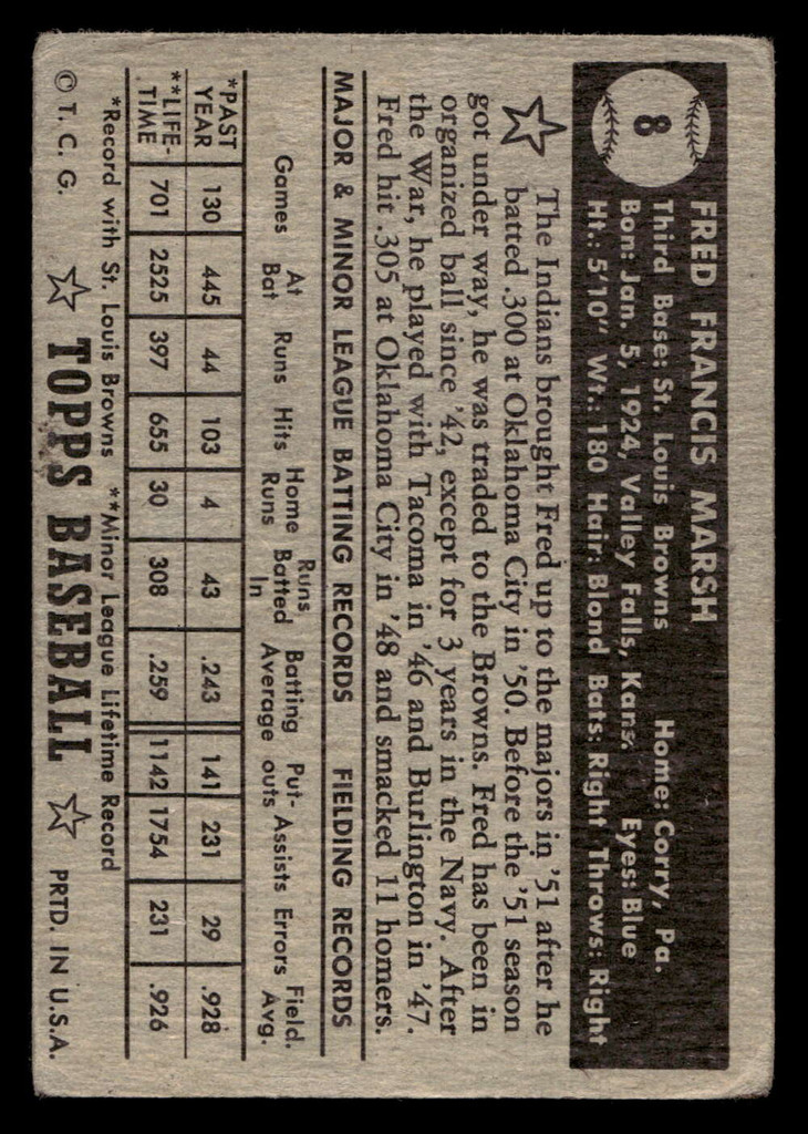 1952 Topps #8 Fred Marsh Poor RC Rookie Black Back 