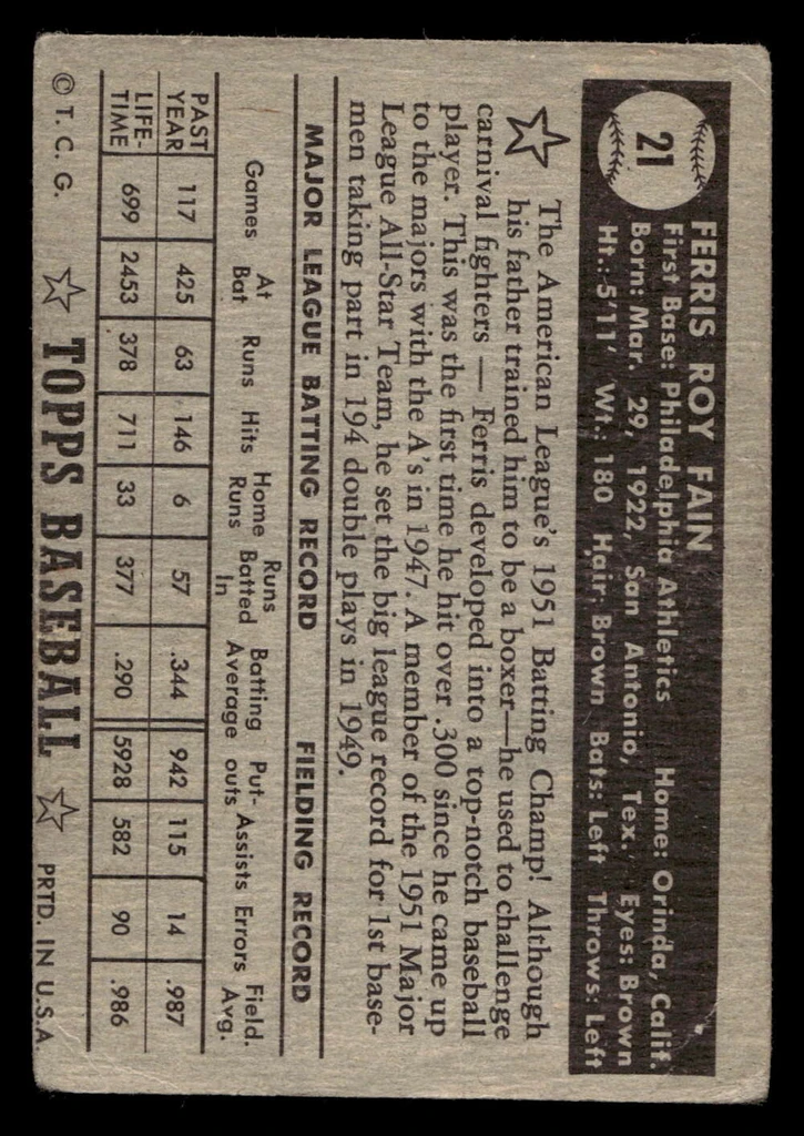 1952 Topps #21 Ferris Fain Good Black Back 