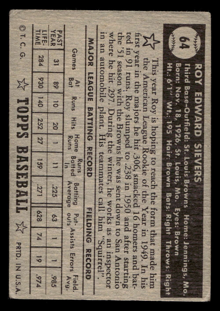 1952 Topps #64 Roy Sievers Very Good Black Back 