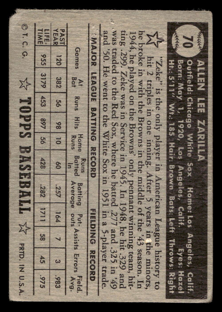 1952 Topps #70 Al Zarilla Poor Black Back 