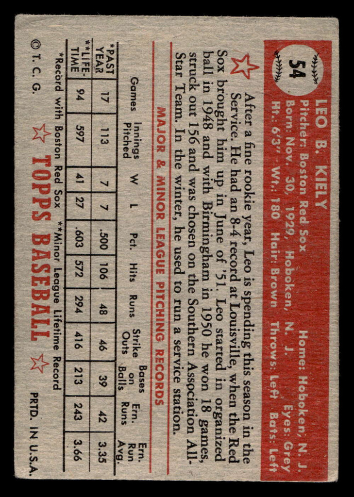 1952 Topps #54 Leo Kiely Very Good Red Back 
