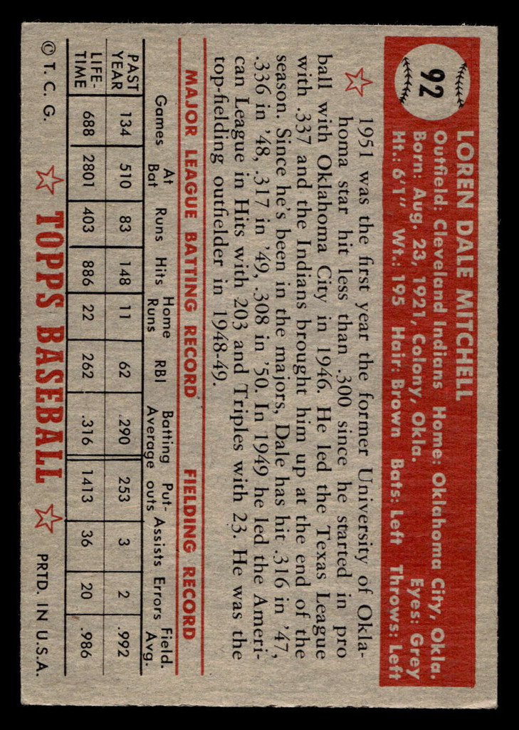 1952 Topps #92 Dale Mitchell Excellent+  ID: 512298
