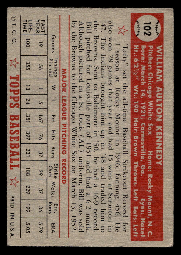 1952 Topps #102 Bill Kennedy VG-EX 