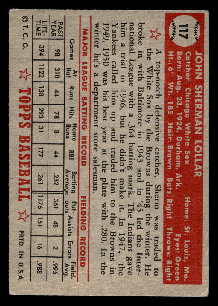 1952 Topps #117 Sherm Lollar Very Good  ID: 512316