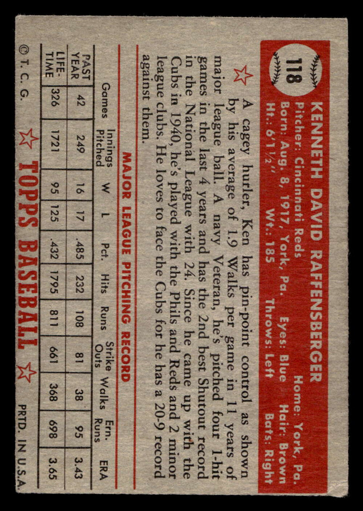 1952 Topps #118 Ken Raffensberger Very Good  ID: 512317