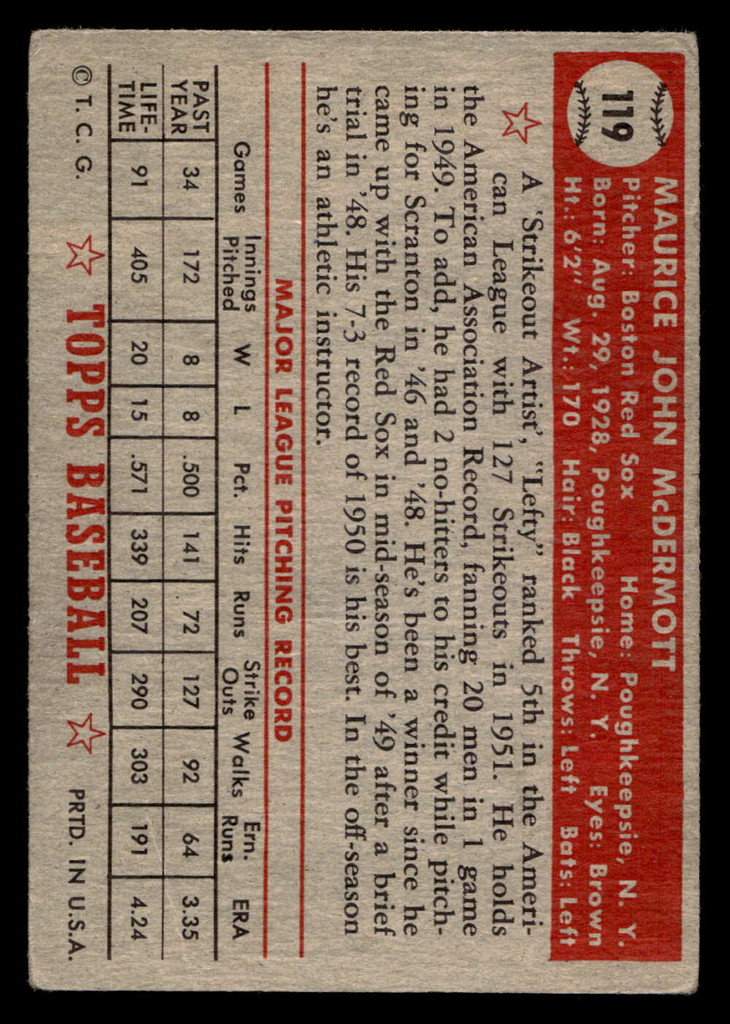 1952 Topps #119 Mickey McDermott Very Good 