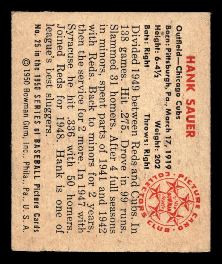 1950 Bowman #25 Hank Sauer Excellent+ 