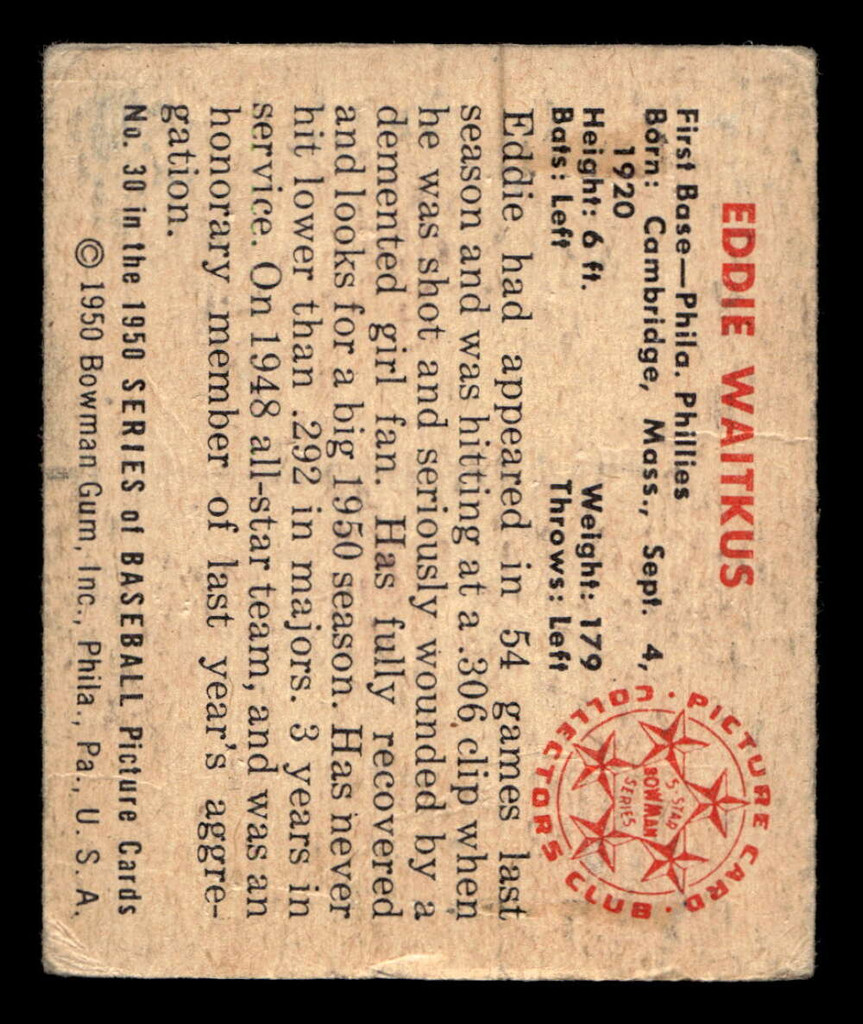 1950 Bowman #30 Eddie Waitkus Poor 