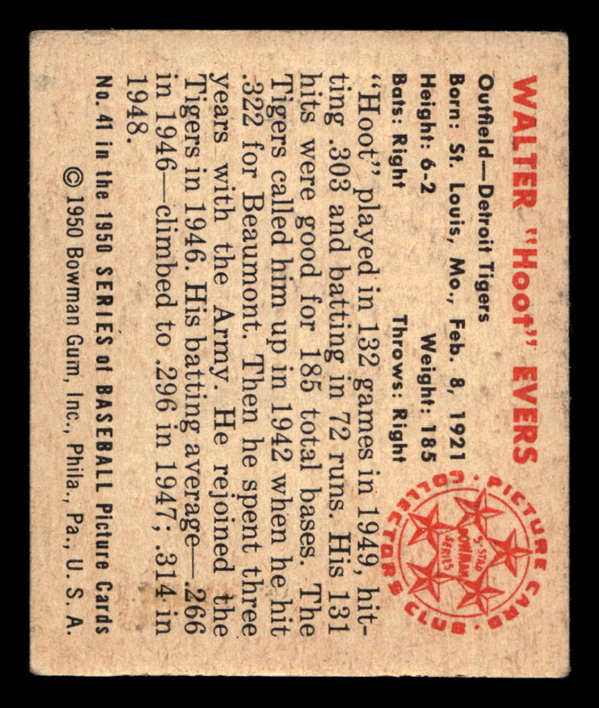 1950 Bowman #41 Walter Evers Excellent 