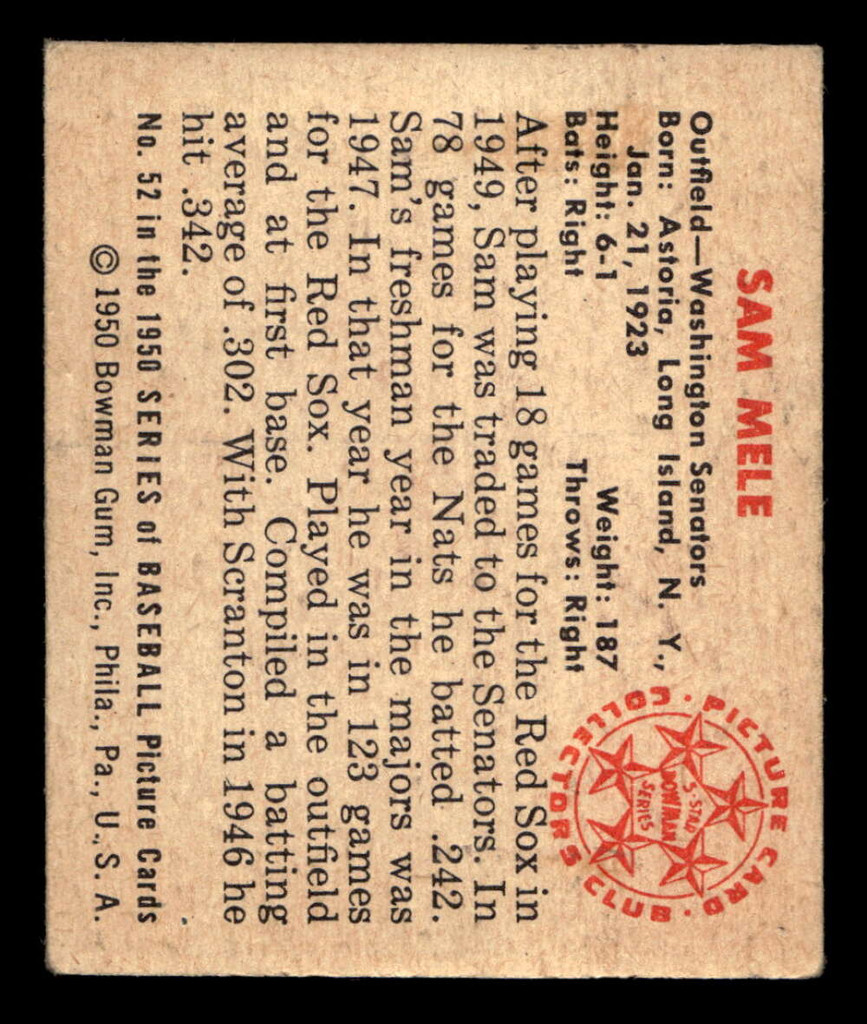 1950 Bowman #52 Sam Mele Excellent 