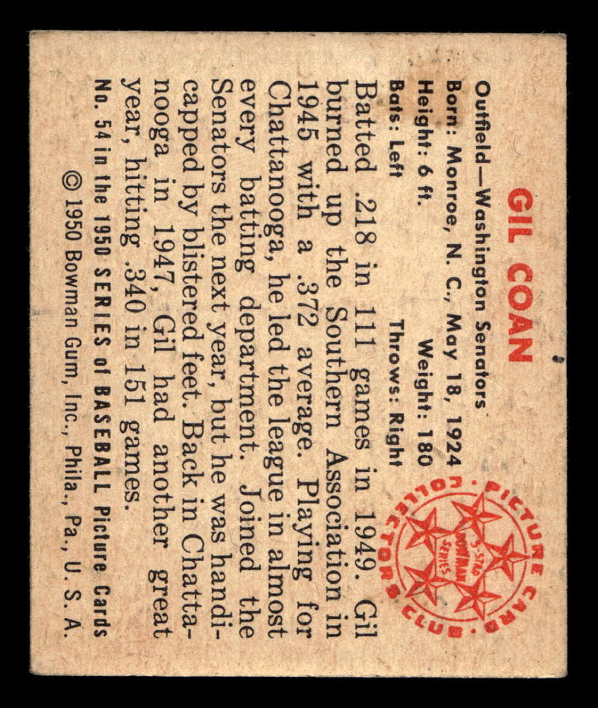 1950 Bowman #54 Gil Coan Excellent+  ID: 512374