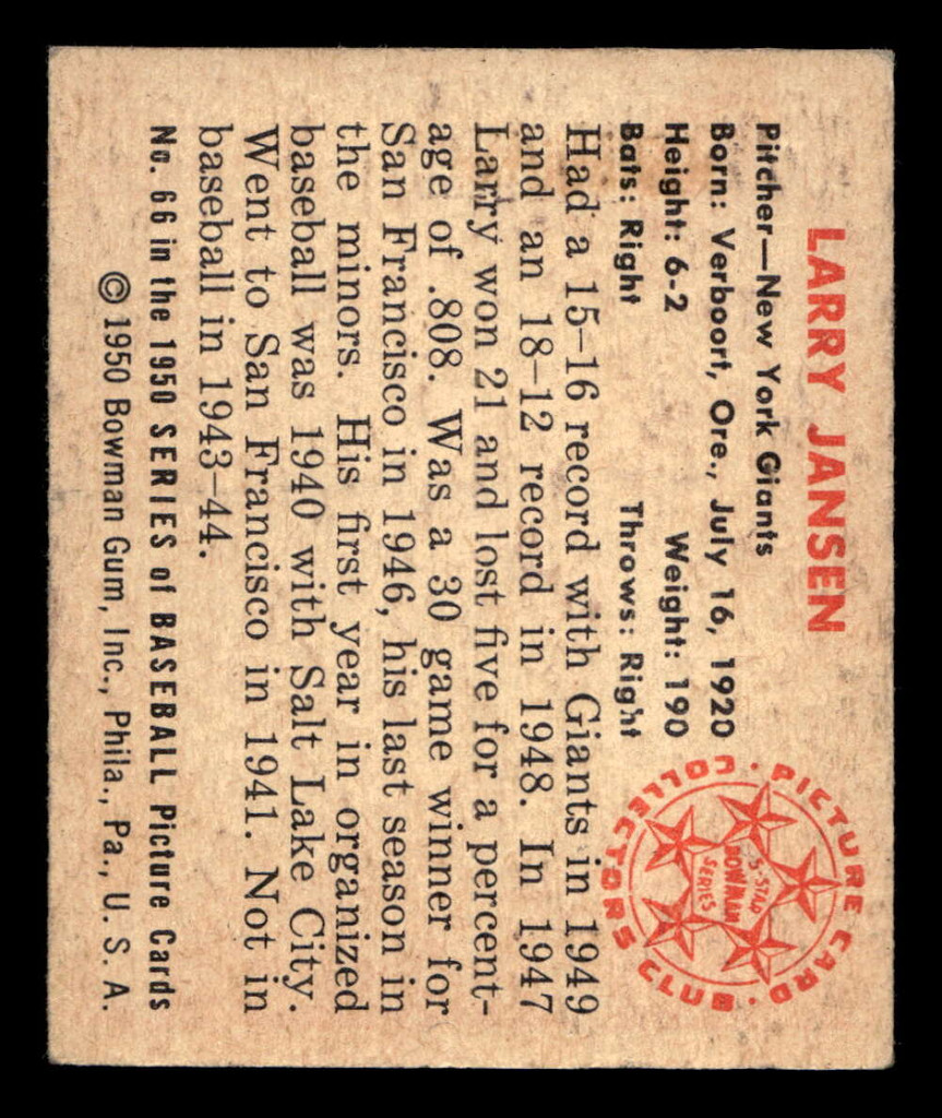 1950 Bowman #66 Larry Jansen Excellent+ 