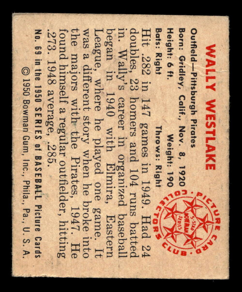 1950 Bowman #69 Wally Westlake Excellent 