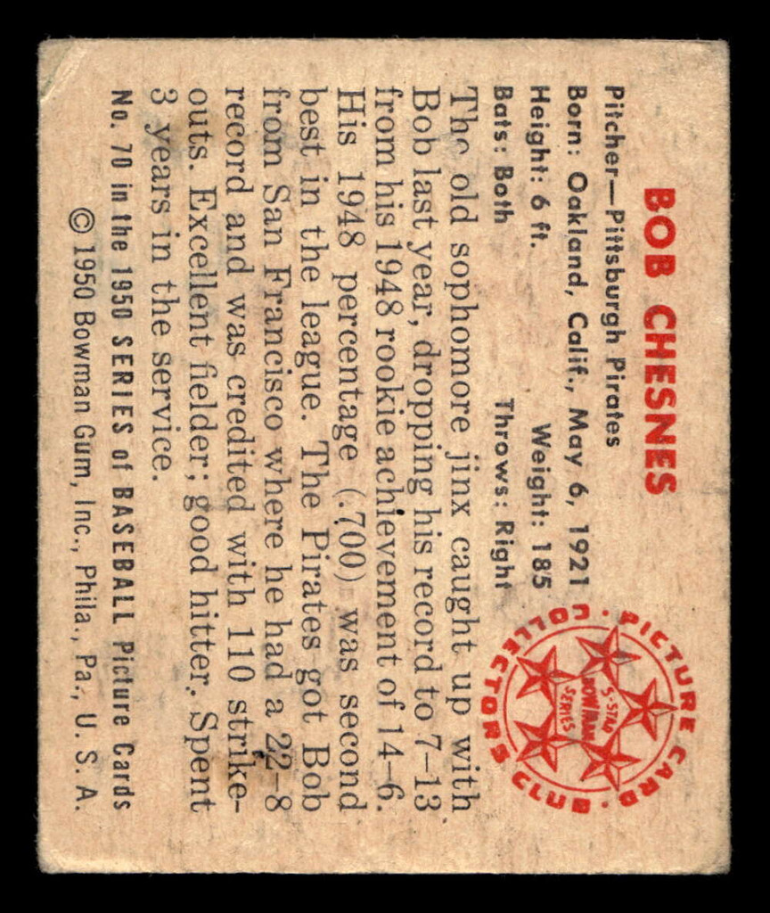 1950 Bowman #70 Bob Chesnes Very Good 