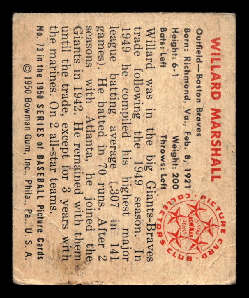 1950 Bowman #73 Willard Marshall Very Good  ID: 512391