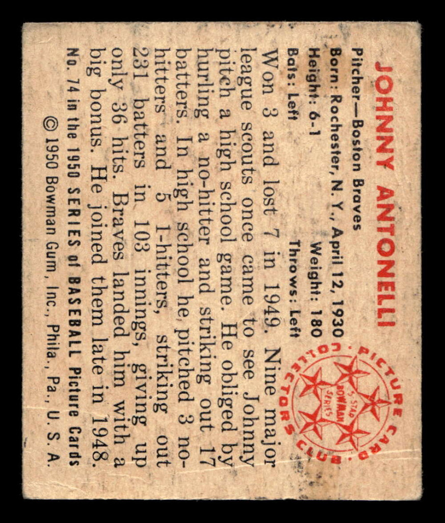 1950 Bowman #74 Johnny Antonelli Very Good RC Rookie 