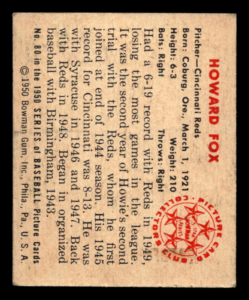 1950 Bowman #80 Howie Fox Excellent+ RC Rookie 