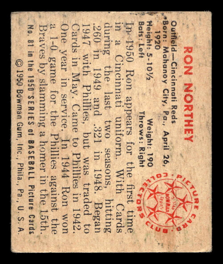 1950 Bowman #81 Ron Northey G-VG 