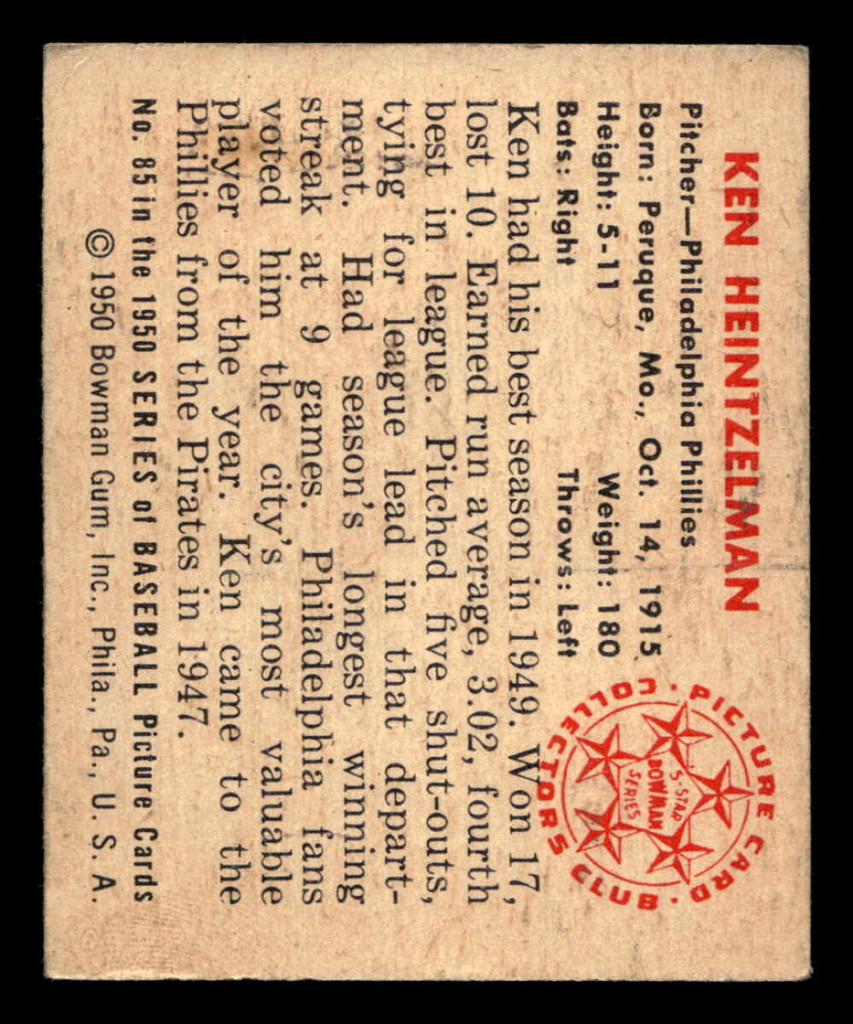 1950 Bowman #85 Ken Heintzelman Excellent+ 