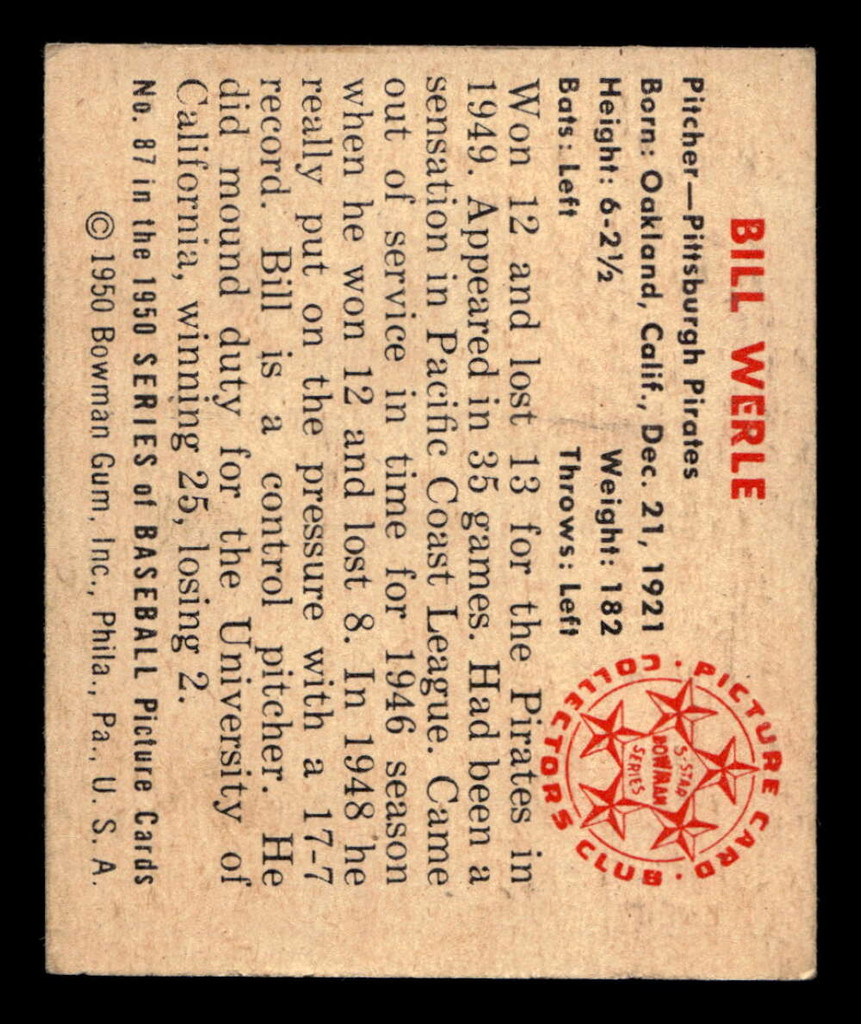 1950 Bowman #87 Bill Werle Excellent+ RC Rookie 