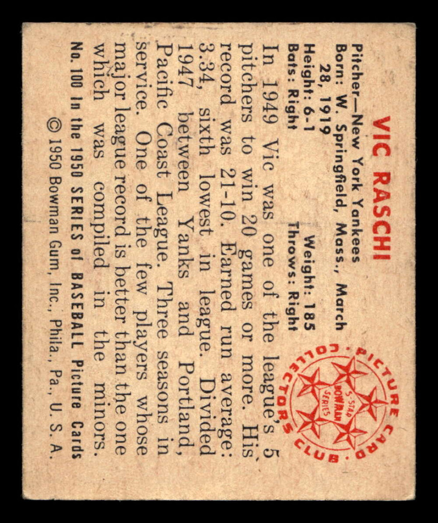 1950 Bowman #100 Vic Raschi Excellent+ 