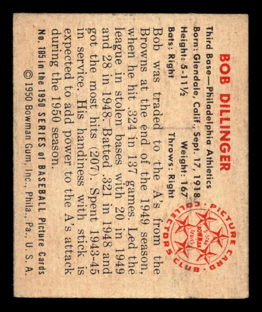 1950 Bowman #105 Bob Dillinger Excellent+ 