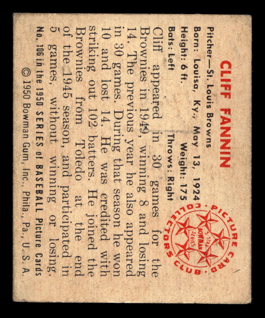 1950 Bowman #106 Cliff Fannin Excellent  ID: 512422