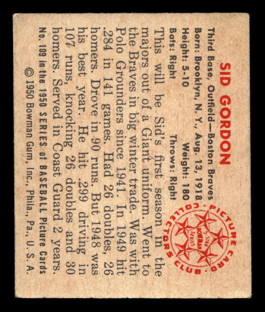 1950 Bowman #109 Sid Gordon Very Good 