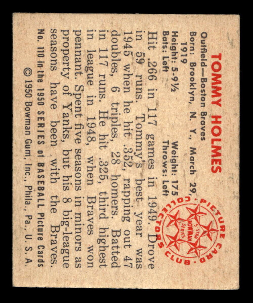 1950 Bowman #110 Tommy Holmes Excellent+  ID: 512426