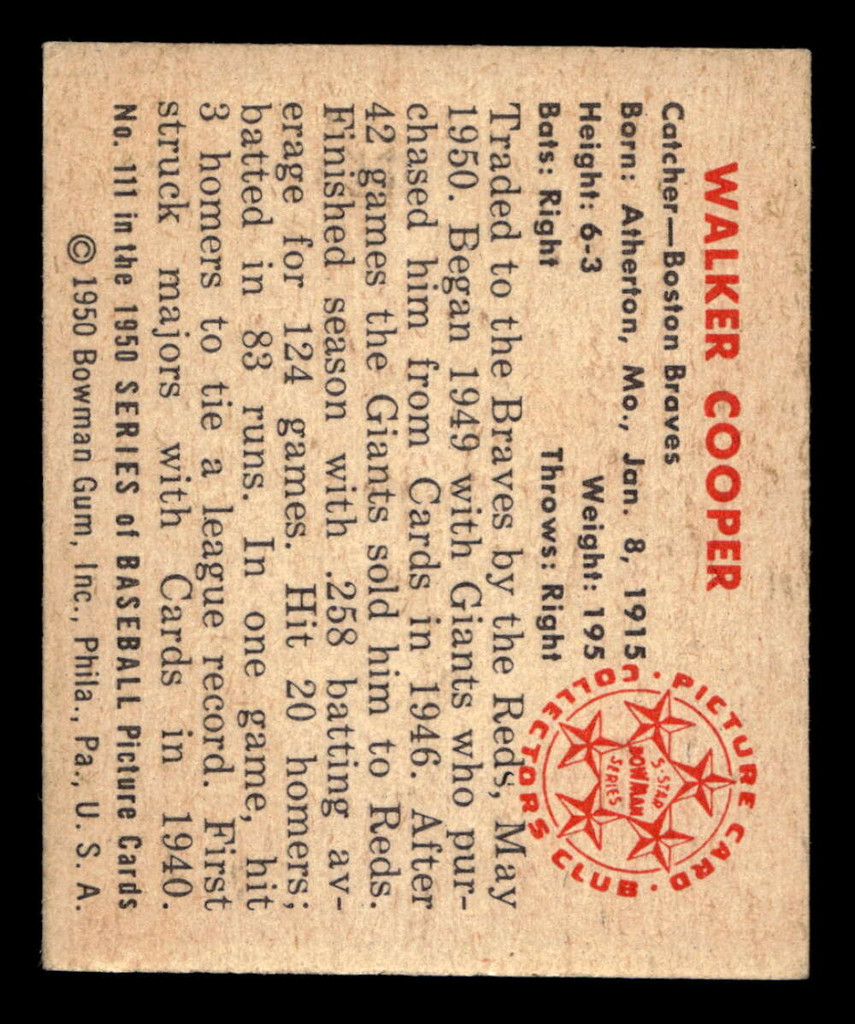 1950 Bowman #111 Walker Cooper Ex-Mint  ID: 512427