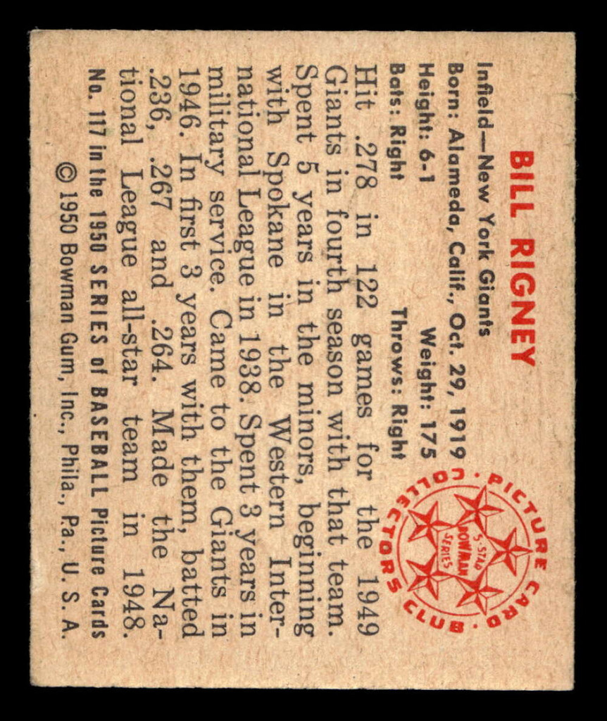 1950 Bowman #117 Bill Rigney Ex-Mint 