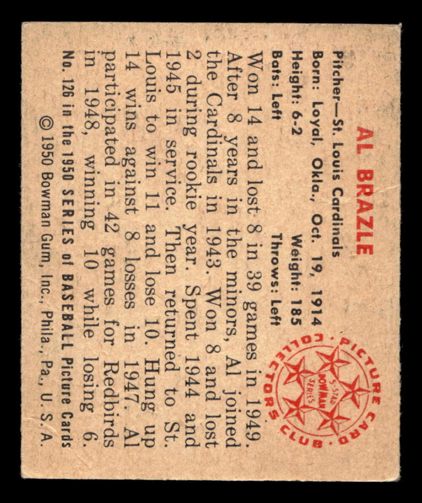 1950 Bowman #126 Al Brazle Excellent+  ID: 512441