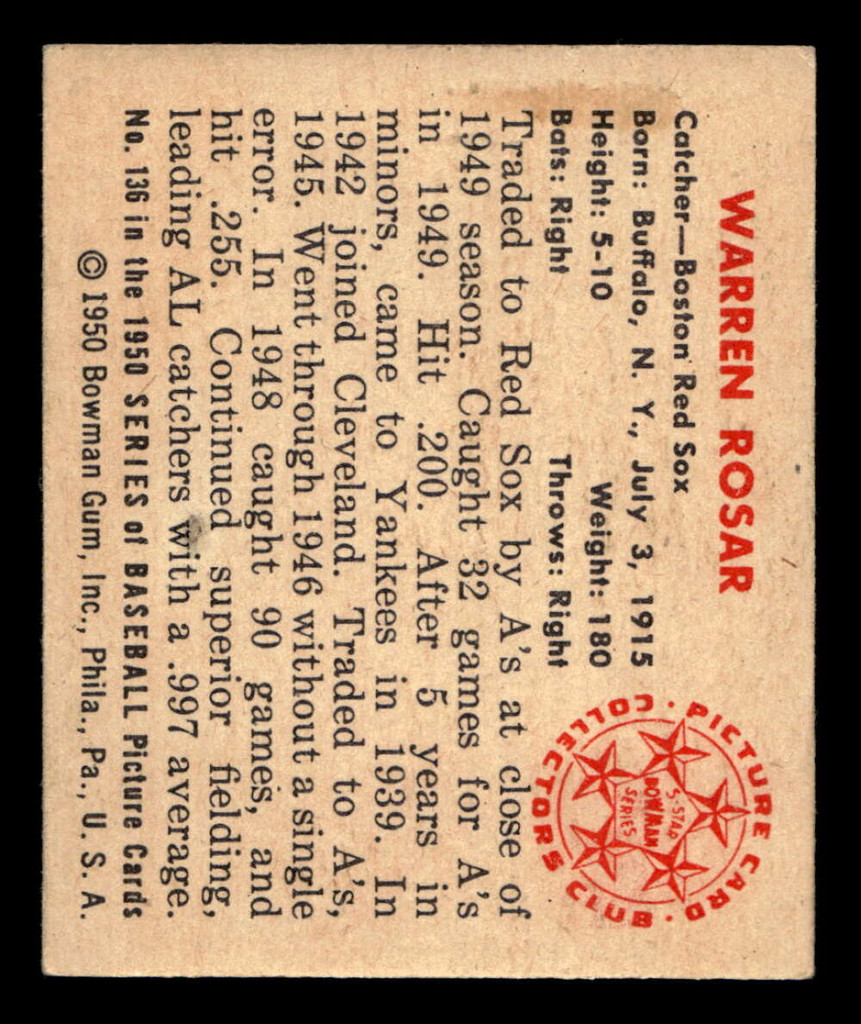 1950 Bowman #136 Buddy Rosar Excellent+ 