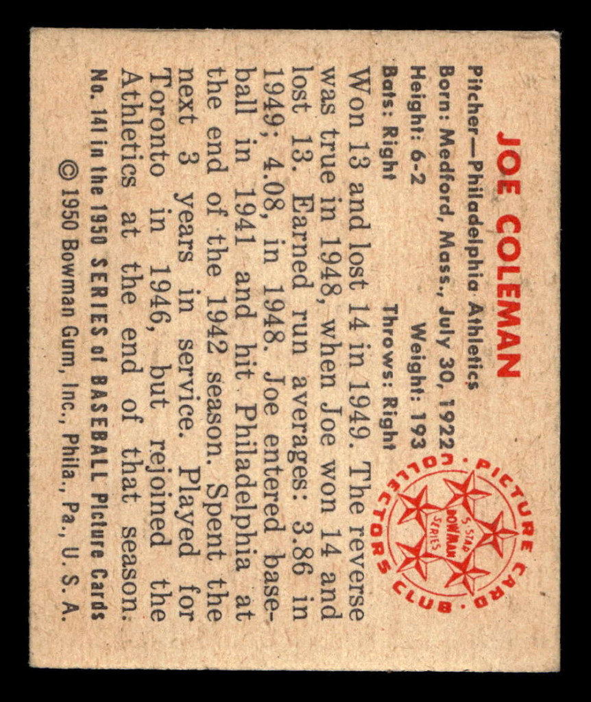1950 Bowman #141 Joe Coleman Ex-Mint RC Rookie  ID: 512456