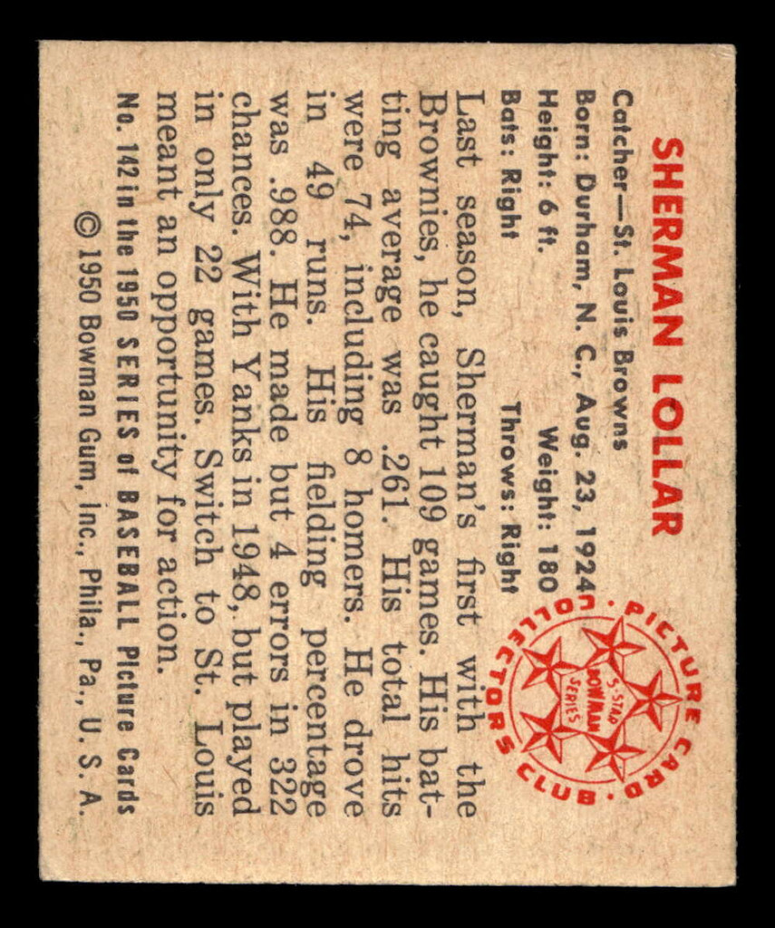 1950 Bowman #142 Sherm Lollar Ex-Mint RC Rookie 