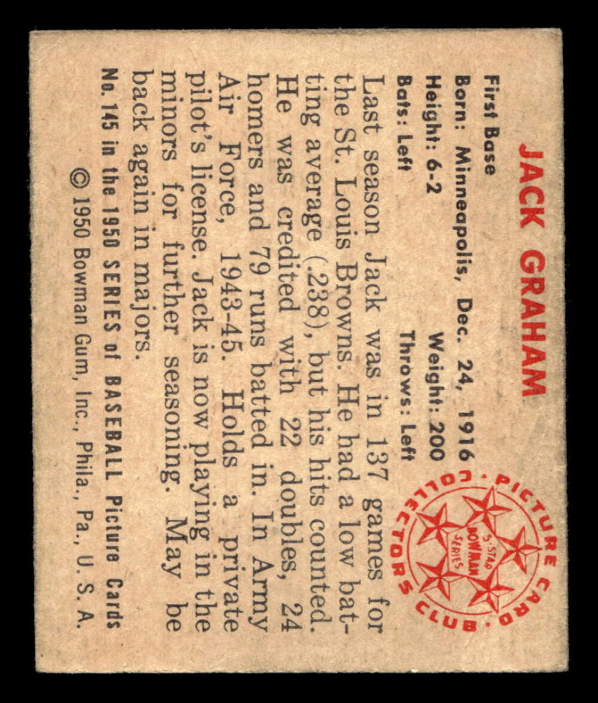 1950 Bowman #145 Jack Graham Very Good RC Rookie 