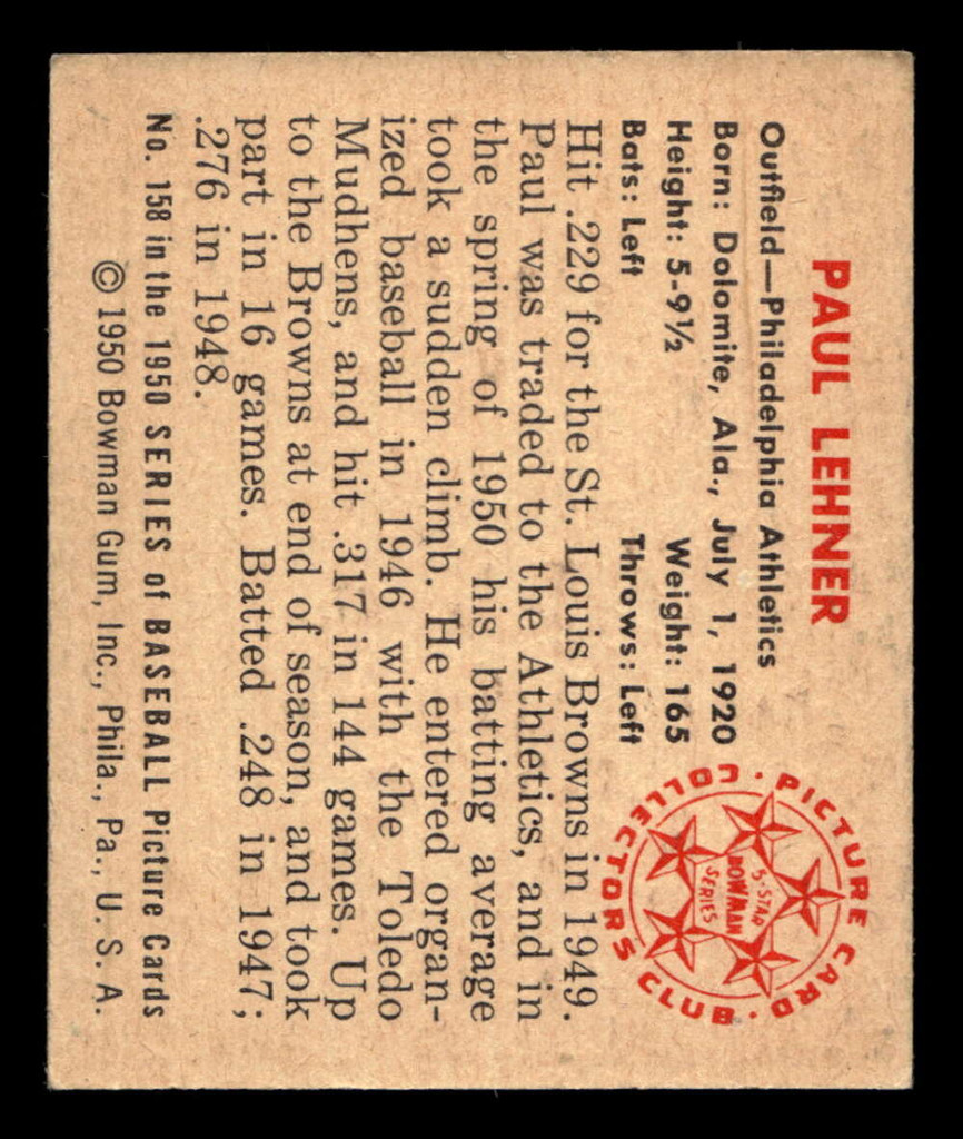 1950 Bowman #158 Paul Lehner Ex-Mint  ID: 512473