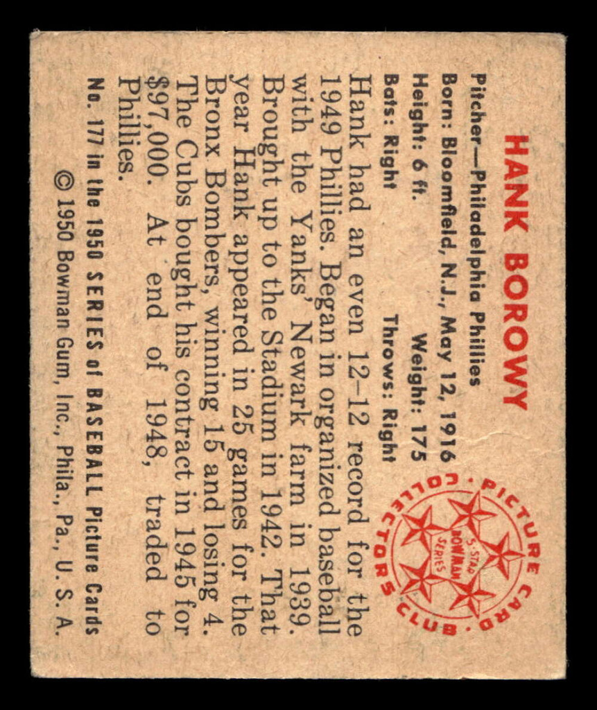 1950 Bowman #177 Hank Borowy Excellent 