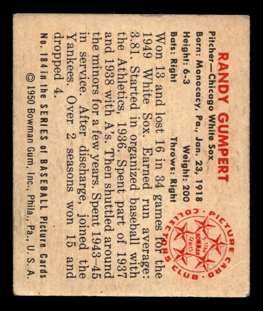 1950 Bowman #184 Randy Gumpert Good White Sox