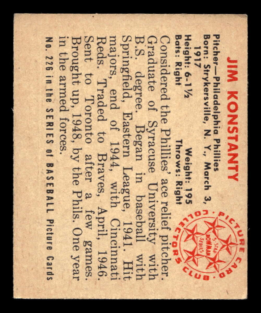 1950 Bowman #226 Jim Konstanty ERR: No Copyright Excellent+ RC Rookie 
