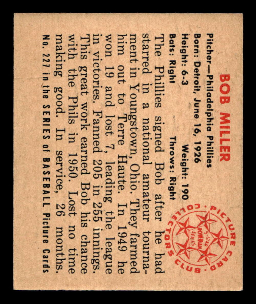 1950 Bowman #227 Bob Miller ERR: No Copyright Ex-Mint RC Rookie  ID: 512527