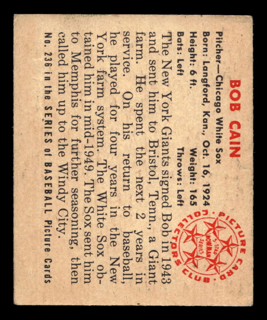 1950 Bowman #236 Bob Cain ERR: No Copyright Excellent RC Rookie 
