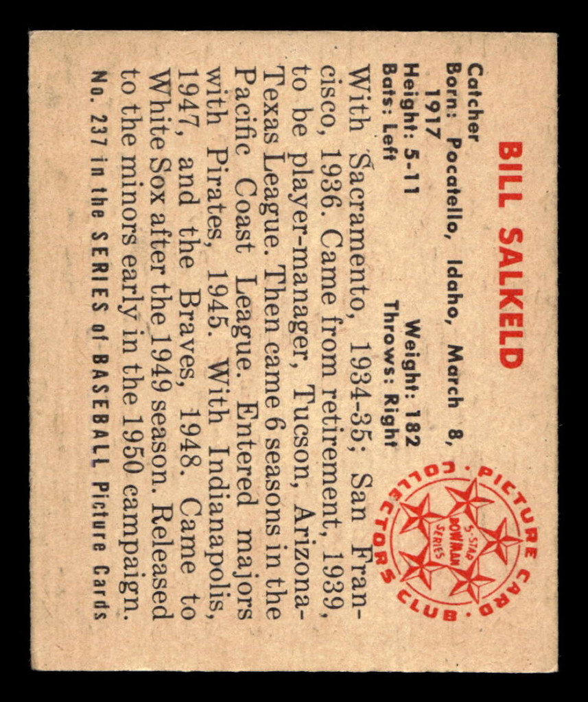 1950 Bowman #237 Bill Salkeld ERR: No Copyright Excellent+ 